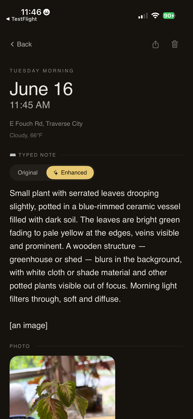 A Musing note with a photo, AI-read details, and captured context