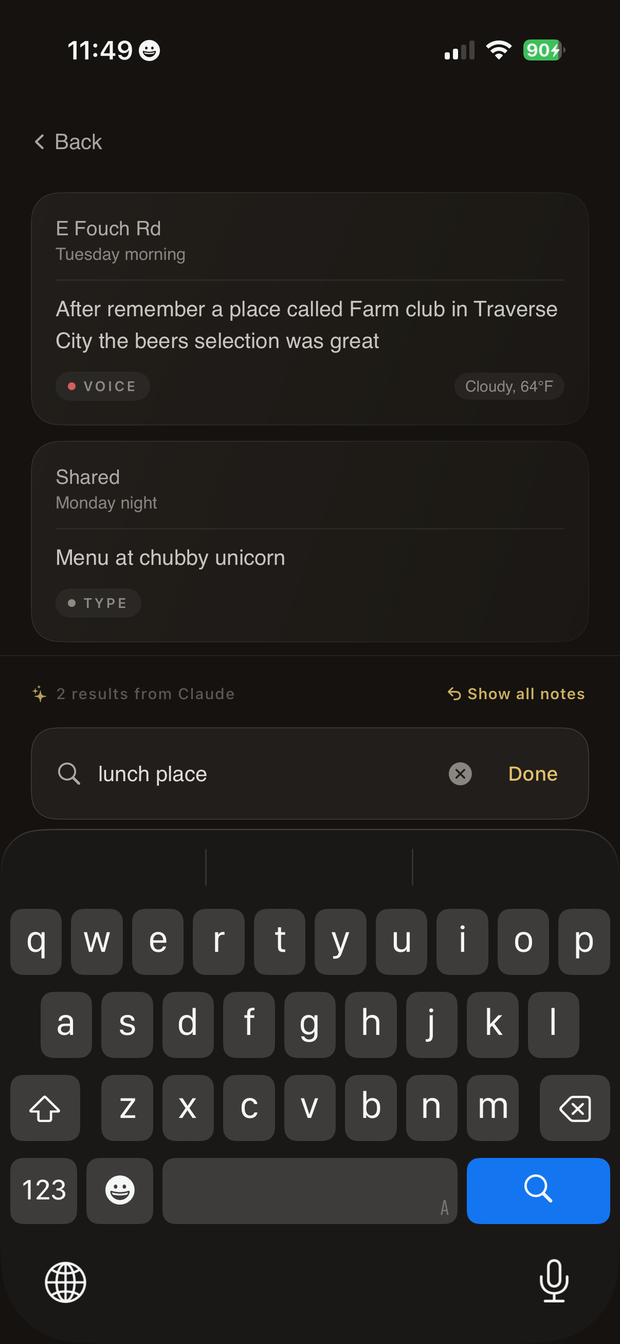 Searching notes in Musing, showing AI-ranked results from Claude