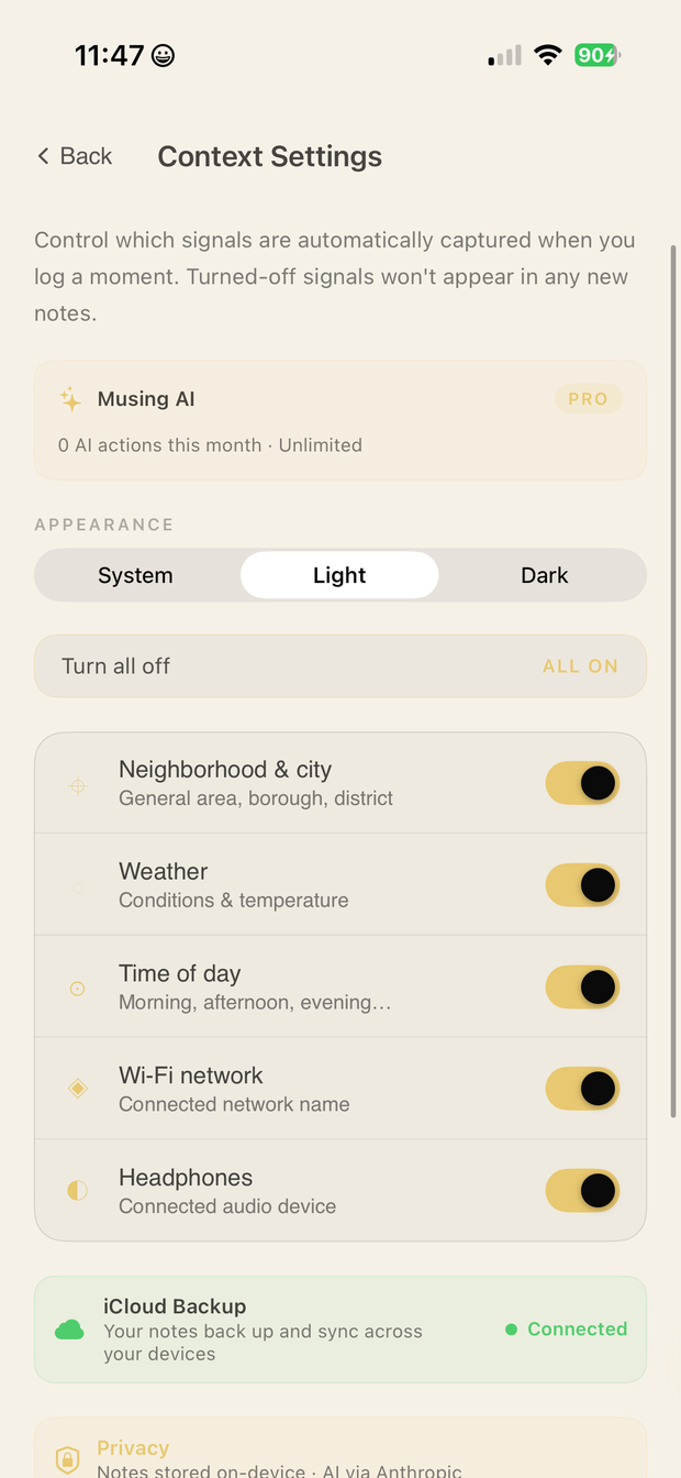 Musing settings with context signals, appearance, and plan