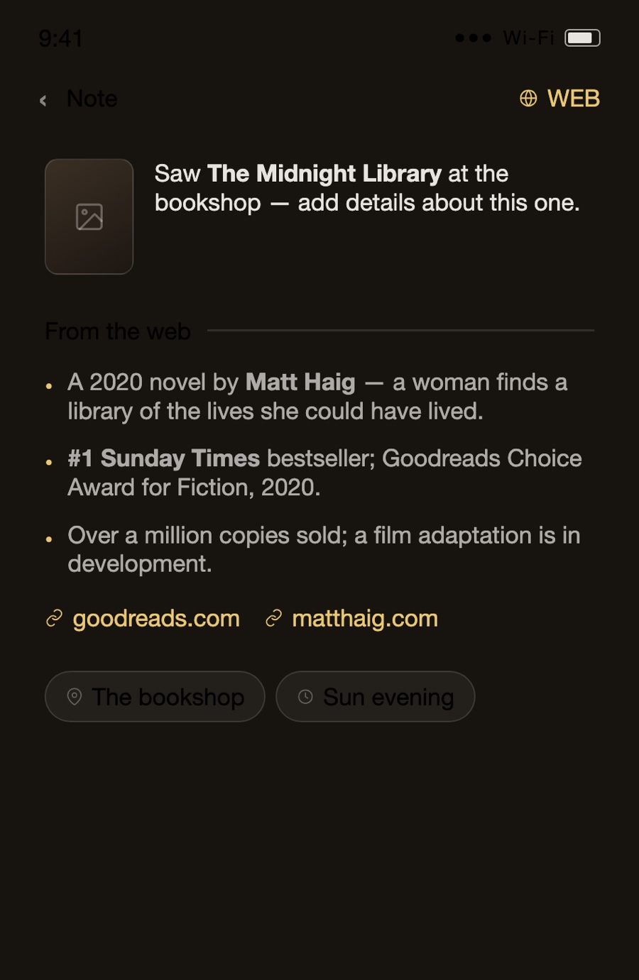 A note about a book, enriched by a From the web section with facts and source links